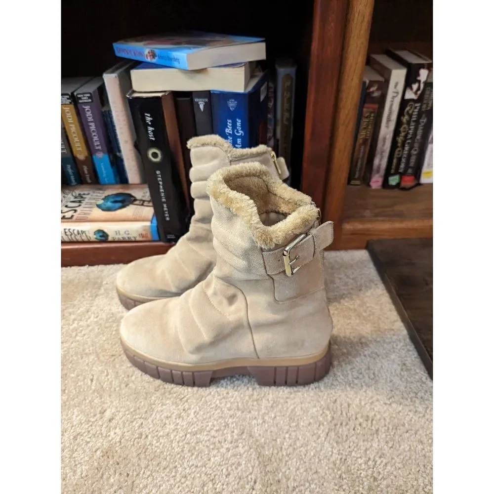 free people fable faux fur shearling suede boots sz 39 euc tan
